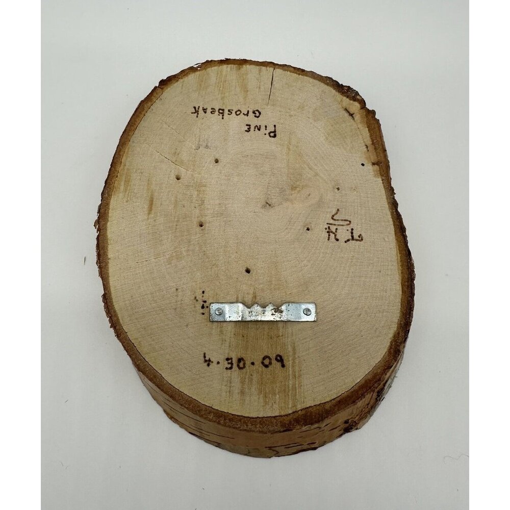 Red Bird Wall Hanging Picture Handmade Signed Live Edge Wood Oval Pine Grosbeak - Picture 5 of 9